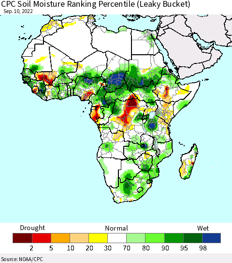Africa CPC Calculated Soil Moisture Ranking Percentile Thematic Map For 9/6/2022 - 9/10/2022