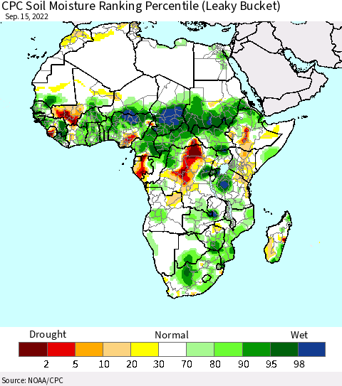 Africa CPC Soil Moisture Ranking Percentile (Leaky Bucket) Thematic Map For 9/11/2022 - 9/15/2022