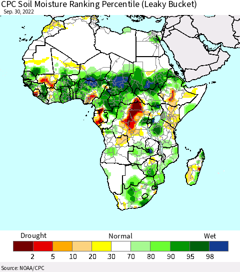 Africa CPC Soil Moisture Ranking Percentile (Leaky Bucket) Thematic Map For 9/26/2022 - 9/30/2022
