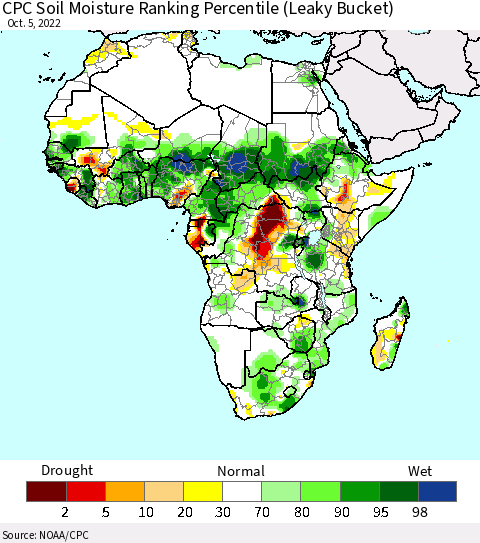 Africa CPC Calculated Soil Moisture Ranking Percentile Thematic Map For 10/1/2022 - 10/5/2022