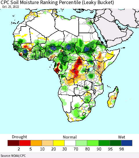 Africa CPC Calculated Soil Moisture Ranking Percentile Thematic Map For 10/21/2022 - 10/25/2022