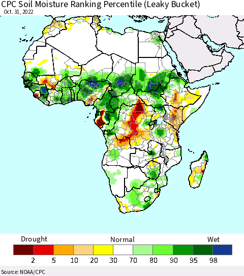 Africa CPC Soil Moisture Ranking Percentile (Leaky Bucket) Thematic Map For 10/26/2022 - 10/31/2022
