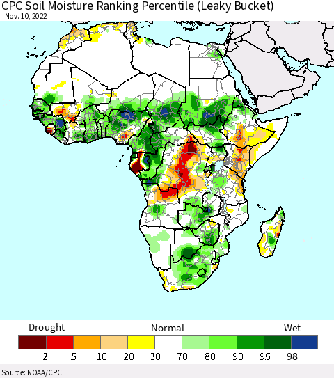 Africa CPC Soil Moisture Ranking Percentile (Leaky Bucket) Thematic Map For 11/6/2022 - 11/10/2022