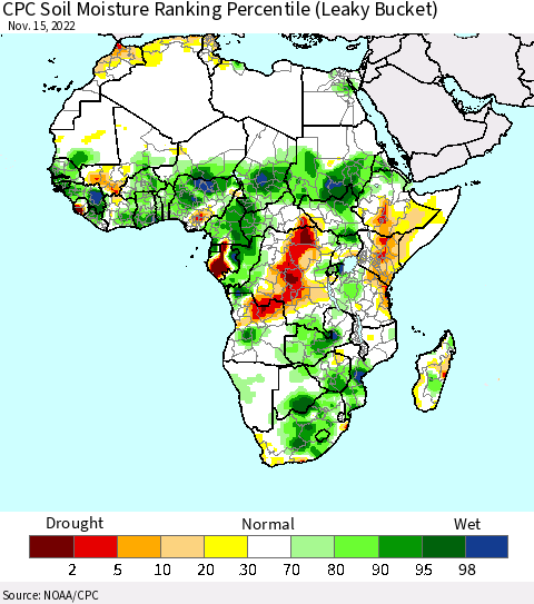 Africa CPC Soil Moisture Ranking Percentile (Leaky Bucket) Thematic Map For 11/11/2022 - 11/15/2022