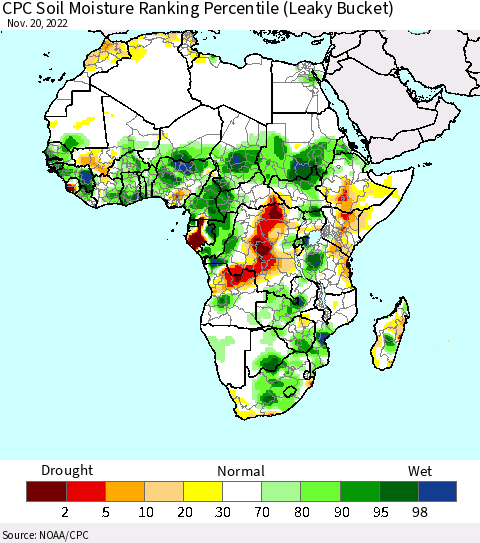Africa CPC Calculated Soil Moisture Ranking Percentile Thematic Map For 11/16/2022 - 11/20/2022
