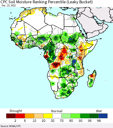 Africa CPC Soil Moisture Ranking Percentile (Leaky Bucket) Thematic Map For 12/21/2022 - 12/25/2022