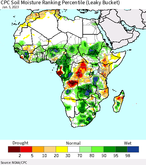 Africa CPC Calculated Soil Moisture Ranking Percentile Thematic Map For 1/1/2023 - 1/5/2023