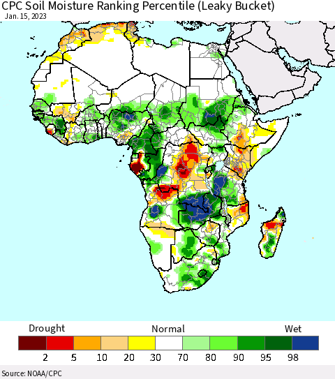 Africa CPC Calculated Soil Moisture Ranking Percentile Thematic Map For 1/11/2023 - 1/15/2023