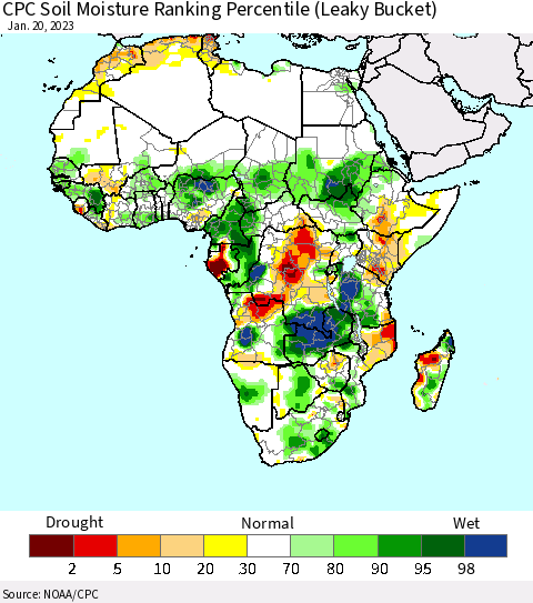 Africa CPC Calculated Soil Moisture Ranking Percentile Thematic Map For 1/16/2023 - 1/20/2023