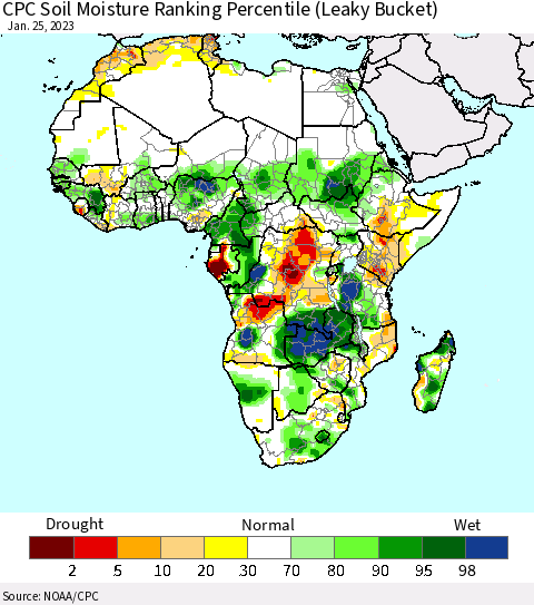 Africa CPC Soil Moisture Ranking Percentile (Leaky Bucket) Thematic Map For 1/21/2023 - 1/25/2023