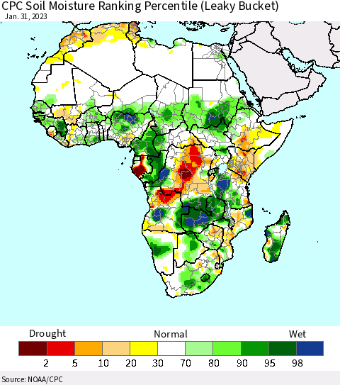 Africa CPC Calculated Soil Moisture Ranking Percentile Thematic Map For 1/26/2023 - 1/31/2023