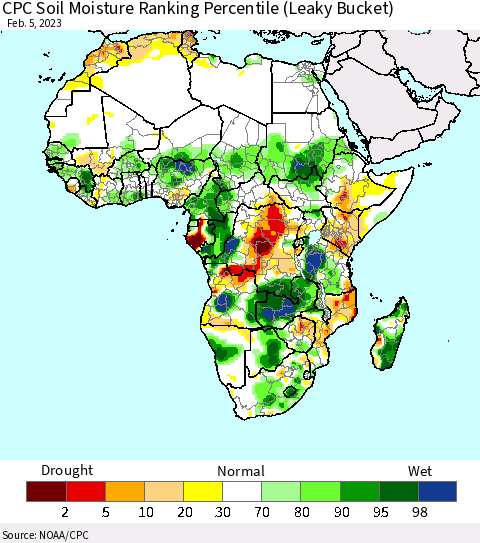 Africa CPC Calculated Soil Moisture Ranking Percentile Thematic Map For 2/1/2023 - 2/5/2023