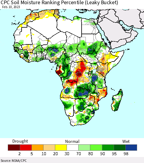 Africa CPC Calculated Soil Moisture Ranking Percentile Thematic Map For 2/6/2023 - 2/10/2023
