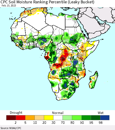 Africa CPC Soil Moisture Ranking Percentile (Leaky Bucket) Thematic Map For 2/11/2023 - 2/15/2023