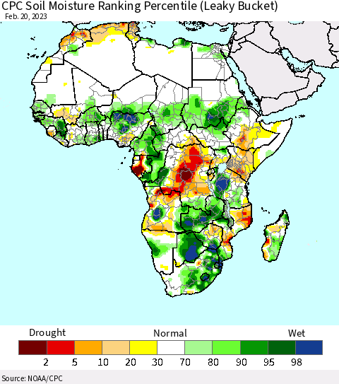 Africa CPC Calculated Soil Moisture Ranking Percentile Thematic Map For 2/16/2023 - 2/20/2023