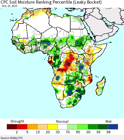 Africa CPC Soil Moisture Ranking Percentile (Leaky Bucket) Thematic Map For 2/21/2023 - 2/25/2023