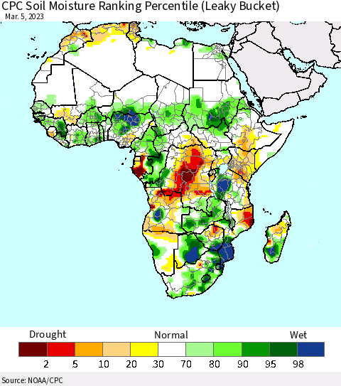 Africa CPC Soil Moisture Ranking Percentile (Leaky Bucket) Thematic Map For 3/1/2023 - 3/5/2023