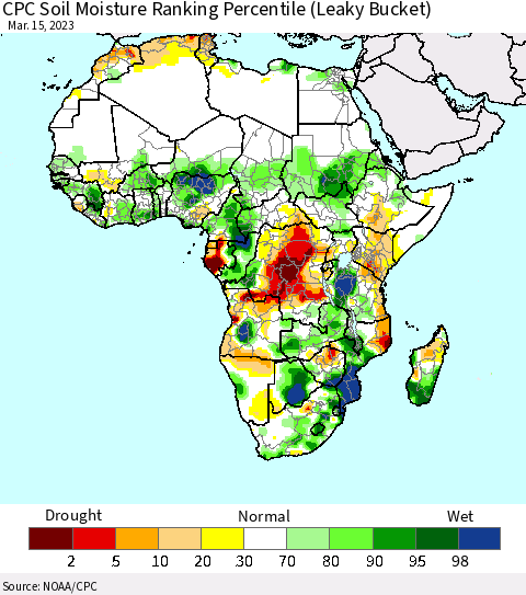 Africa CPC Soil Moisture Ranking Percentile (Leaky Bucket) Thematic Map For 3/11/2023 - 3/15/2023