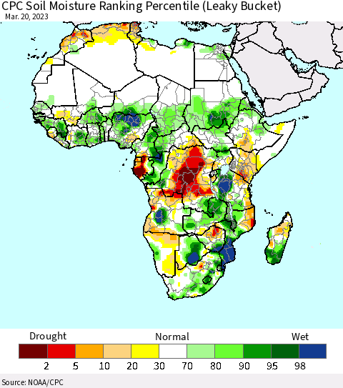 Africa CPC Soil Moisture Ranking Percentile (Leaky Bucket) Thematic Map For 3/16/2023 - 3/20/2023