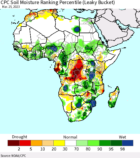Africa CPC Calculated Soil Moisture Ranking Percentile Thematic Map For 3/21/2023 - 3/25/2023