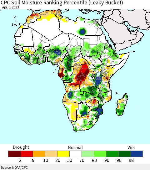 Africa CPC Soil Moisture Ranking Percentile Thematic Map For 4/1/2023 - 4/5/2023