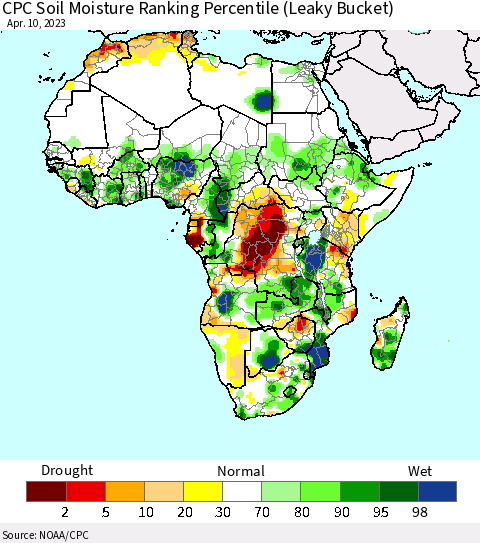 Africa CPC Calculated Soil Moisture Ranking Percentile Thematic Map For 4/6/2023 - 4/10/2023