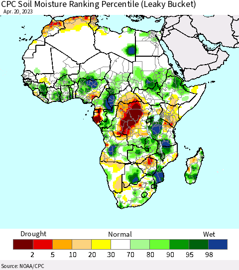 Africa CPC Soil Moisture Ranking Percentile (Leaky Bucket) Thematic Map For 4/16/2023 - 4/20/2023