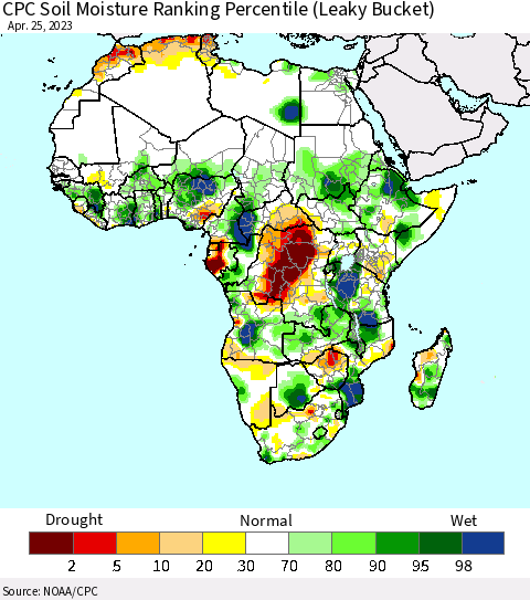 Africa CPC Soil Moisture Ranking Percentile (Leaky Bucket) Thematic Map For 4/21/2023 - 4/25/2023