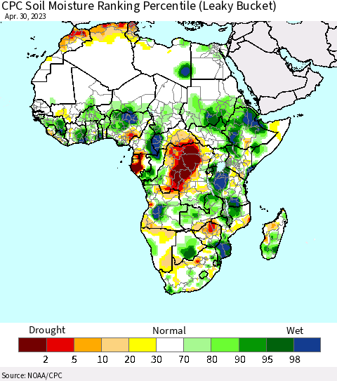 Africa CPC Calculated Soil Moisture Ranking Percentile Thematic Map For 4/26/2023 - 4/30/2023