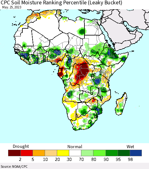 Africa CPC Soil Moisture Ranking Percentile Thematic Map For 5/21/2023 - 5/25/2023