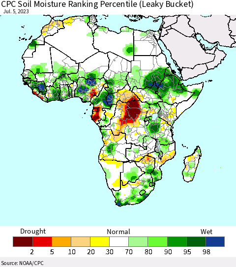 Africa CPC Soil Moisture Ranking Percentile (Leaky Bucket) Thematic Map For 7/1/2023 - 7/5/2023