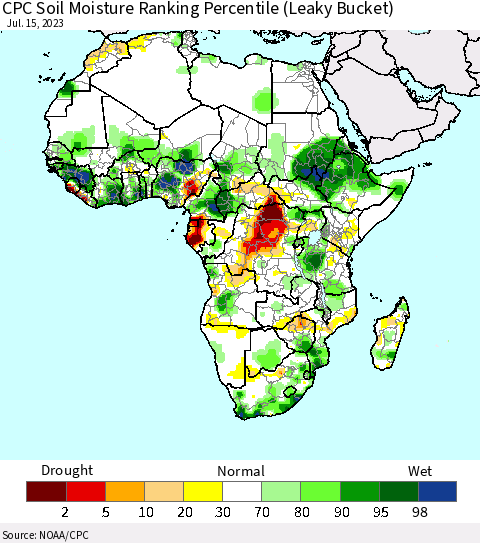 Africa CPC Soil Moisture Ranking Percentile Thematic Map For 7/11/2023 - 7/15/2023