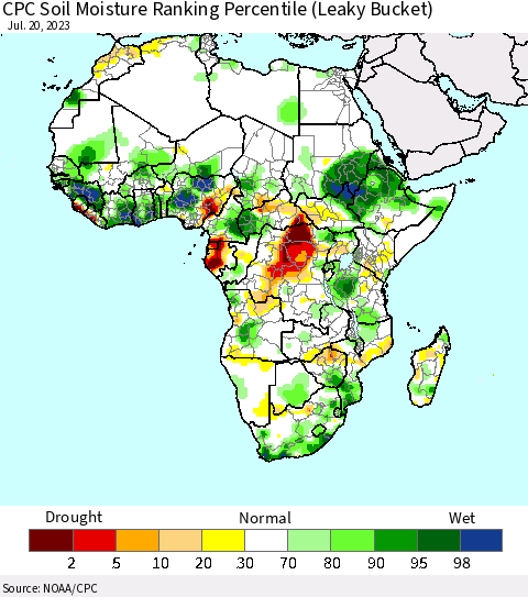 Africa CPC Soil Moisture Ranking Percentile Thematic Map For 7/16/2023 - 7/20/2023