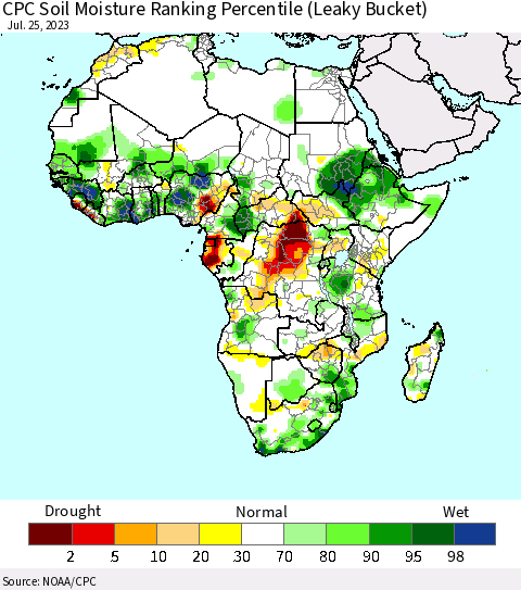 Africa CPC Soil Moisture Ranking Percentile Thematic Map For 7/21/2023 - 7/25/2023