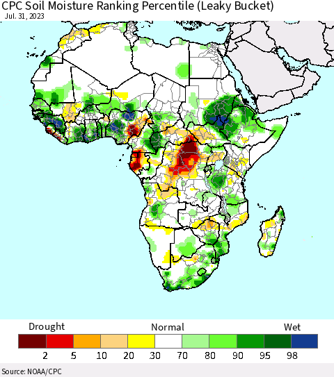 Africa CPC Soil Moisture Ranking Percentile (Leaky Bucket) Thematic Map For 7/26/2023 - 7/31/2023