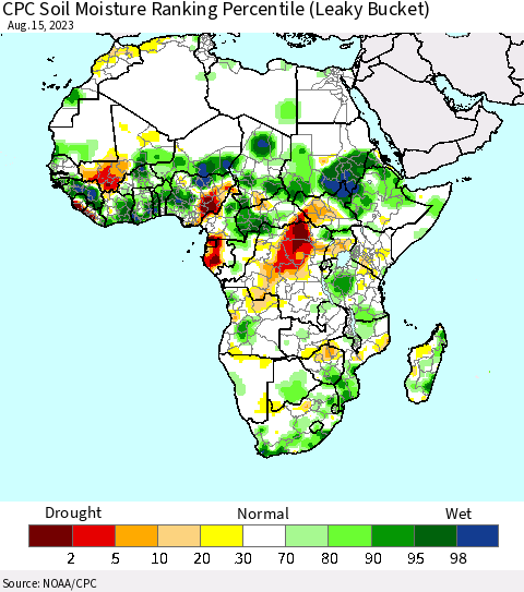 Africa CPC Soil Moisture Ranking Percentile Thematic Map For 8/11/2023 - 8/15/2023