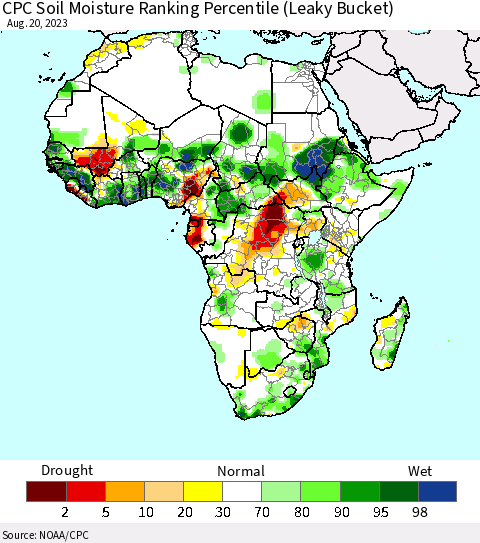 Africa CPC Soil Moisture Ranking Percentile Thematic Map For 8/16/2023 - 8/20/2023