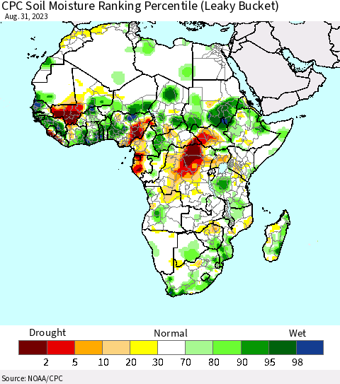 Africa CPC Soil Moisture Ranking Percentile (Leaky Bucket) Thematic Map For 8/26/2023 - 8/31/2023