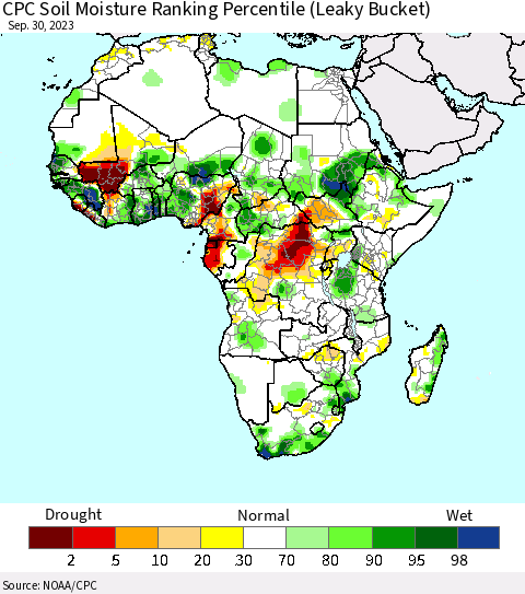 Africa CPC Soil Moisture Ranking Percentile (Leaky Bucket) Thematic Map For 9/26/2023 - 9/30/2023