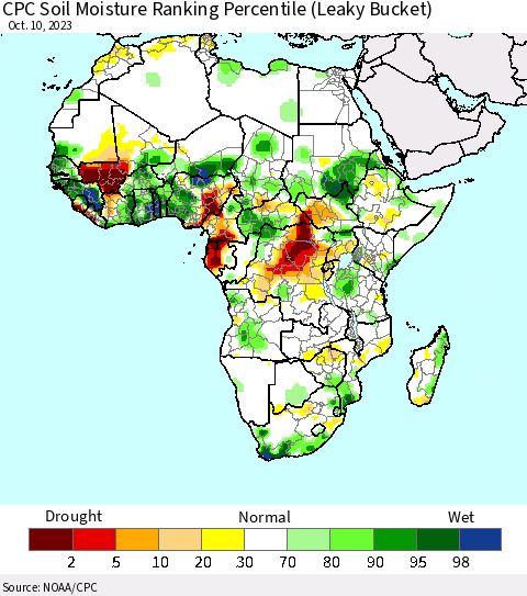 Africa CPC Soil Moisture Ranking Percentile (Leaky Bucket) Thematic Map For 10/6/2023 - 10/10/2023