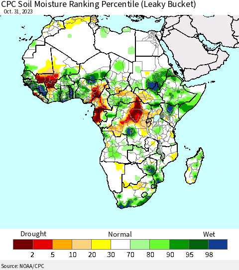 Africa CPC Soil Moisture Ranking Percentile (Leaky Bucket) Thematic Map For 10/26/2023 - 10/31/2023