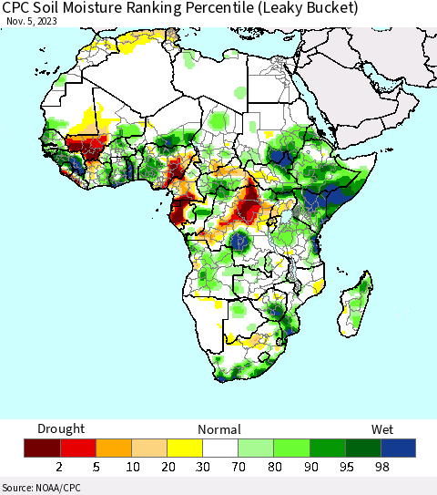 Africa CPC Soil Moisture Ranking Percentile (Leaky Bucket) Thematic Map For 11/1/2023 - 11/5/2023