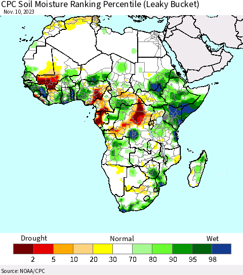 Africa CPC Soil Moisture Ranking Percentile (Leaky Bucket) Thematic Map For 11/6/2023 - 11/10/2023