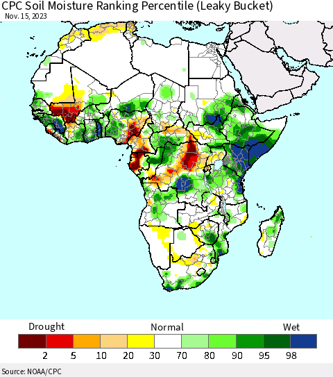 Africa CPC Soil Moisture Ranking Percentile (Leaky Bucket) Thematic Map For 11/11/2023 - 11/15/2023