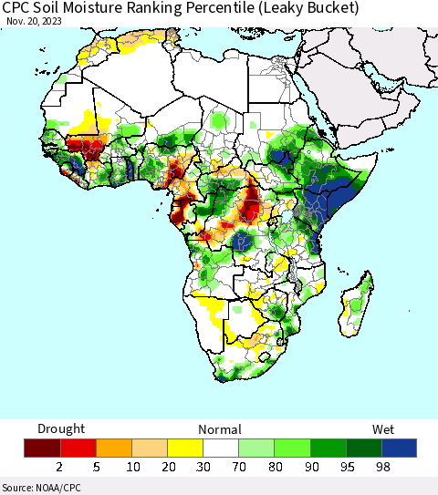 Africa CPC Soil Moisture Ranking Percentile (Leaky Bucket) Thematic Map For 11/16/2023 - 11/20/2023