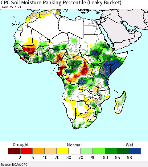 Africa CPC Soil Moisture Ranking Percentile (Leaky Bucket) Thematic Map For 11/21/2023 - 11/25/2023