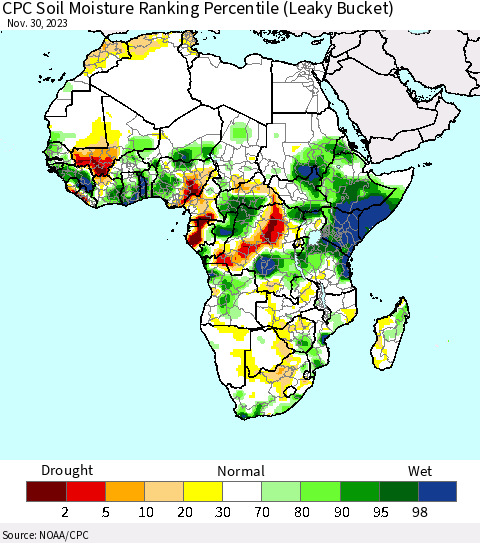 Africa CPC Soil Moisture Ranking Percentile (Leaky Bucket) Thematic Map For 11/26/2023 - 11/30/2023