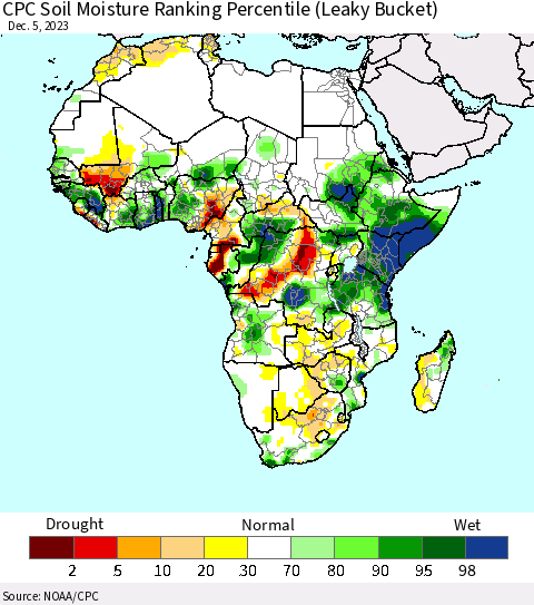 Africa CPC Soil Moisture Ranking Percentile (Leaky Bucket) Thematic Map For 12/1/2023 - 12/5/2023