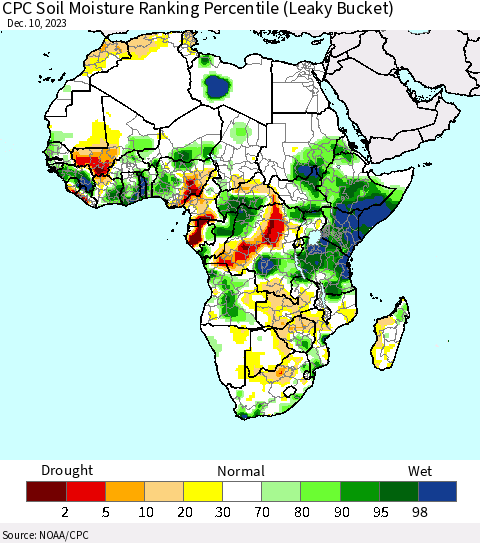 Africa CPC Soil Moisture Ranking Percentile (Leaky Bucket) Thematic Map For 12/6/2023 - 12/10/2023