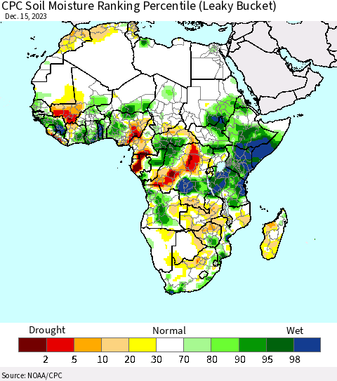 Africa CPC Soil Moisture Ranking Percentile (Leaky Bucket) Thematic Map For 12/11/2023 - 12/15/2023